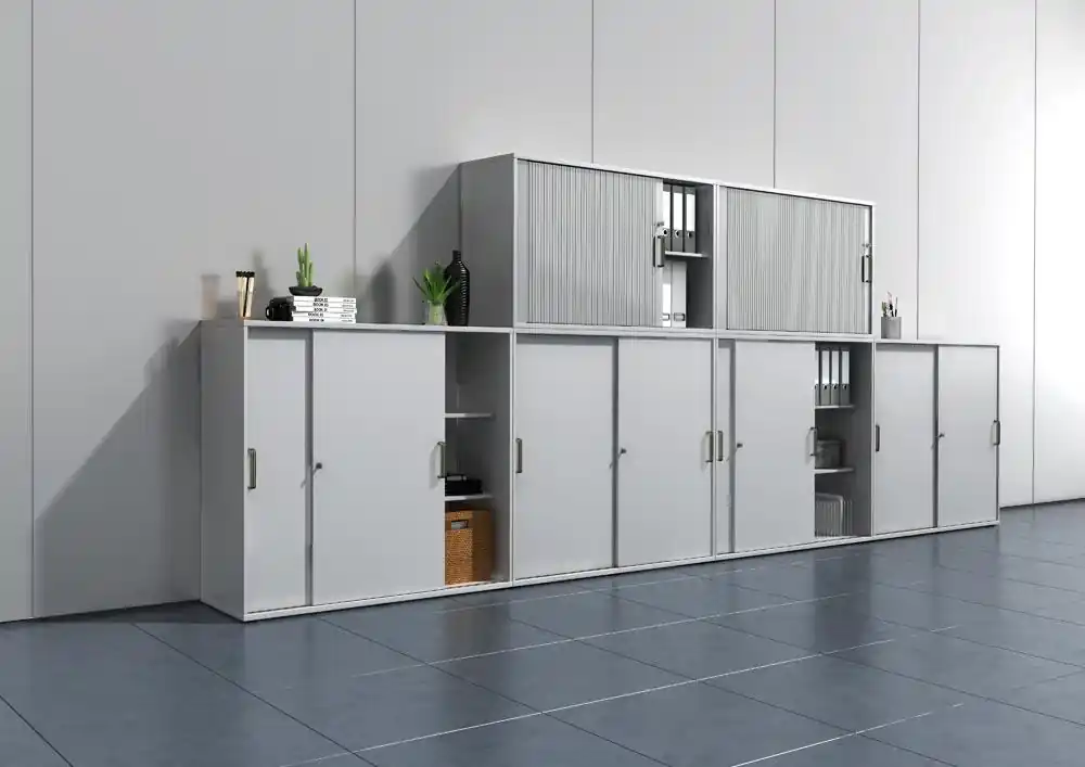 HAMMERBACHER 1981036 Büro-Schiebetürenschrank, BxTxH 1200x400x748 mm, 2 OH, 1 Boden, Schloss, weiß Nur Heute