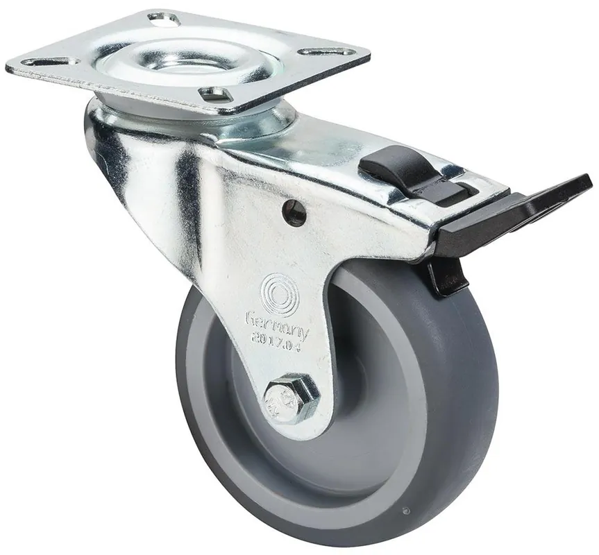 Expressversand BS ROLLEN 6017294 Apparate-Lenkrolle mit Feststeller, Gummi grau, Durchm. 75 mm, Traglast 60 kg, Gleitlager, Anschraubplatte