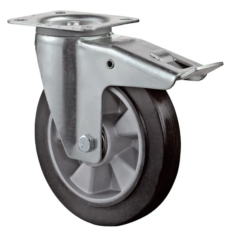 Expressversand BS ROLLEN 1617823 Transportgeräte-Lenkrolle m. Festst., Elastik-Vollgummi schwarz, Durchm. 160 mm, Traglast 300 kg, Kugellager, Anschraubplatte