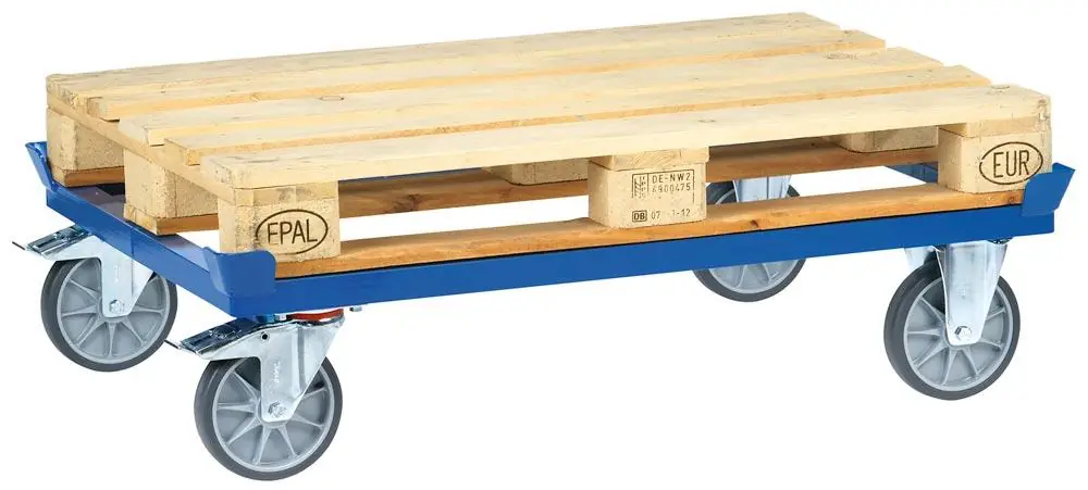 FECHTEL 843680 Paletten-Fahrgestell, 4 Fangecken, für Paletten 1200x800 mm, Traglast 750 kg, TPE-Bereifung, RAL 5007 brillantblau Sichere Zahlung