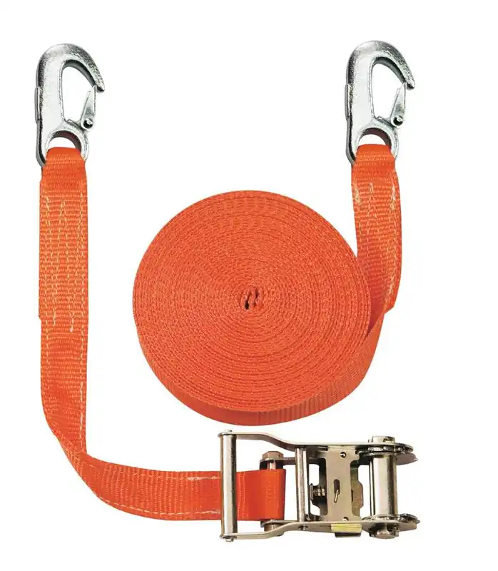 Preisknaller BRAUN SEILE 838106 Zweiteiliger Zurrgurt, mit Karabinerhaken, 2000 daN zul. Zugkraft in der Umr., Gurtbr. 35 mm, Länge 6 m, Farbe orange, 2 Streifen, VE 2 Stück