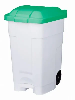 GLOGNER 6423517 Mobiler Abfallbehälter, Vol. 70 Liter, BxTxH 560x575x780 mm, mit Pedal, Korpus weiß, Deckel grün Geprüft