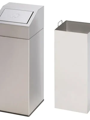 Letzte Chance VAR GMBH 814995 Abfallbehälter aus Edelstahl, mit abnehmbarem Kopftteil mit sebstschließender Klappe und Edelstahl-Innenbehälter, Vol. ca. 48 l, BxTxH 320x320x790 mm