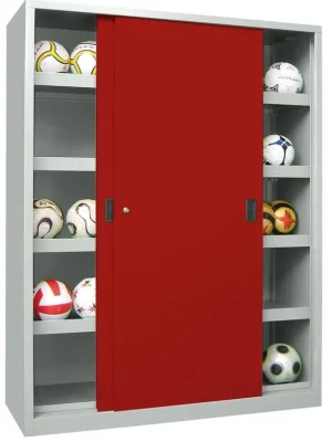 Beliebt PAVOY 1986992 Ballschrank m. Vollblech Schiebetüren, BxTxH 1500x600x1950 mm, 4 lackierte Böden je Seite m. Aufkantung, Schloss, RAL 7035/3003