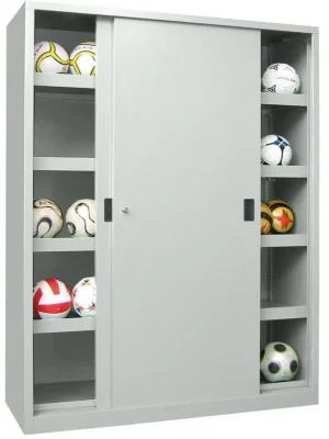 Highlight PAVOY 1986989 Ballschrank m. Vollblech Schiebetüren, BxTxH 1500x600x1950 mm, 4 lackierte Böden je Seite m. Aufkantung, Schloss, RAL 7035