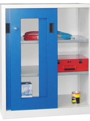Finale Aktion PAVOY 875458 Schiebetürenschrank, Sichtfenstertüren, 2 verzinkte Böden, ohne Trennwand, BxTxH 1000x500x1200 mm, RAL 7035/5010