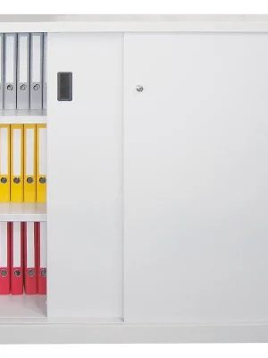 Jetzt Kaufen PAVOY 875866 Schiebetürenschrank, Vollblechtüren, 4 verzinkte Böden, mit Trennwand, BxTxH 2000x500x1200 mm, RAL 7035/5010