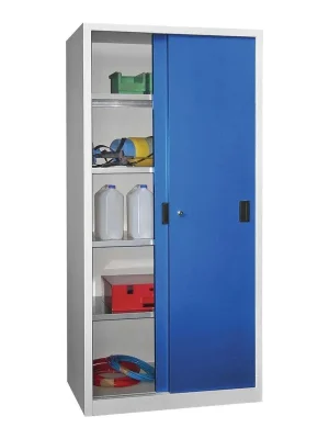 Highlight PAVOY 875898 Schiebetürenschrank, Vollblechtüren, 4 verzinkte Böden, ohne Trennwand, BxTxH 1000x600x1950 mm, RAL 7035/5010