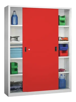 Heißes Angebot PAVOY 875905 Schiebetürenschrank, Vollblechtüren, 8 verzinkte Böden, mit Trennwand, BxTxH 1500x400x1950 mm, RAL 7035/3000