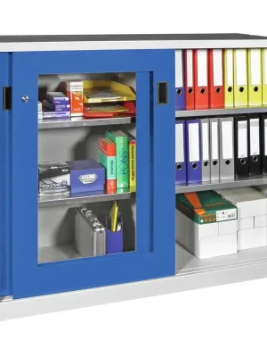 Bestpreis PAVOY 875506 Schiebetürenschrank, Sichtfenstertüren, 4 verzinkte Böden, mit Trennwand, BxTxH 1500x500x1200 mm, RAL 7035/5010