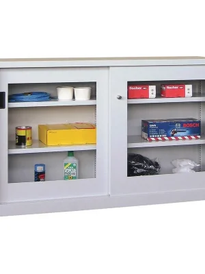 Kracherpreis PAVOY 875352 Schiebetürenschrank, Sichtfenstertüren, 4 verzinkte Böden, mit Trennwand, BxTxH 1500x400x1000 mm, RAL 7035