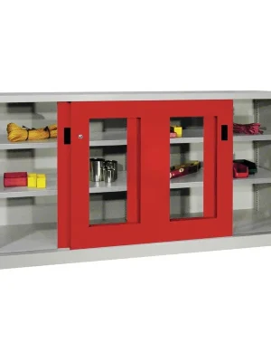 Aktuell PAVOY 875417 Schiebetürenschrank, Sichtfenstertüren, 4 verzinkte Böden, mit Trennwand, BxTxH 2000x600x1000 mm, RAL 7035/3000