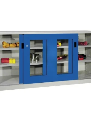 Jetzt Bestellen PAVOY 875418 Schiebetürenschrank, Sichtfenstertüren, 4 verzinkte Böden, mit Trennwand, BxTxH 2000x600x1000 mm, RAL 7035/5010