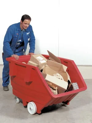 ASECOS 871782 Muldenkippbehälter aus PE, Vol. 0,5 cbm, LxBxH 1440x960x825 mm, Traglast 150 kg, mit Radsatz, Farbe rot Geprüft