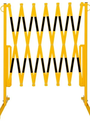 Markenprodukt MORAVIA GMBH 6042491 Scherensperrgitter, gelb mit schwarzen Streifen, Ständer aus Stahlrohr, Stäbe aus Flachstahl 25/4 mm, Höhe 1000 mm, ausziehbar bis 3600 mm