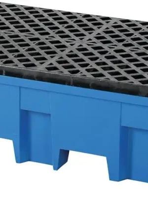 ASECOS 1988260 Auffangwanne aus Polyethylen, mit PE-Gitterrost, Auffangvolumen 220 l, BxTxH 865x1245x350 mm, für 2 Fässer, blau, mit Einfahrtaschen Jetzt Bestellen