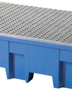 Mega-Angebot ASECOS 1988259 Auffangwanne aus Polyethylen, mit verz. Gitterrost, Auffangvolumen 220 l, BxTxH 865x1245x350 mm, für 2 Fässer, blau, mit Einfahrtaschen