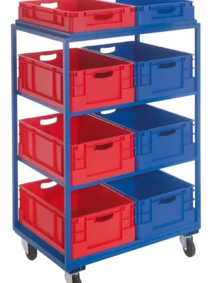 Direkt Vom Hersteller KAPPES 830598 Beistell- und Kommissionierwagen, LxBxH 860x605x1315 mm, 4 gerade Böden, 8 Kästen (4x Gr. 3 rot, 4x Gr. 4 blau), Traglast 230 kg