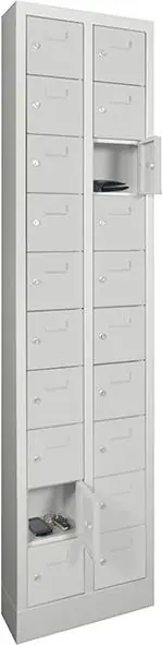 Expressversand Kleinfachschrank m.SockelH1950xB460xT200 mm 2x10 Fächer RAL7035 Türen mit Etikettenrahmen | RAL 7035/RAL 7035 | Standversion | 20 | 460x200x1950 mm | 160x160x170 mm | mit Etikettenrahmen | 1776534