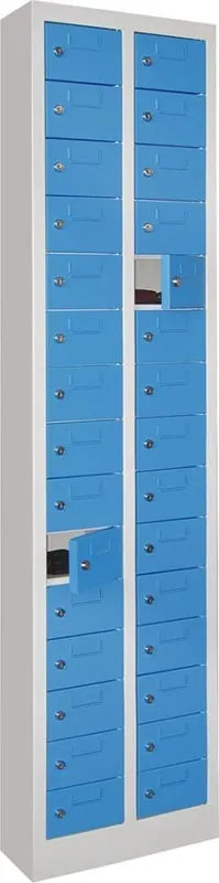 Super-Preis Kleinfachschrank m.SockelH1950xB460xT200 mm 2x15 Fächer RAL7035/5012 Türen mit Etikettenrahmen | RAL 7035/RAL 5012 | Standversion | 30 | 460x200x1950 mm | 100x160x170 mm | mit Etikettenrahmen | 1776528