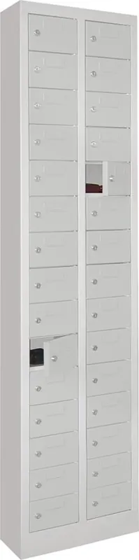 Billig Kleinfachschrank m.SockelH1950xB460xT200 mm 2x15 Fächer RAL7035 Türen mit Etikettenrahmen | RAL 7035/RAL 7035 | Standversion | 30 | 460x200x1950 mm | 100x160x170 mm | mit Etikettenrahmen | 1772054