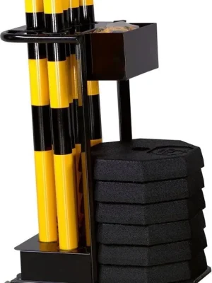 Sperrpfosten-Set inkl. Transportwagen, 6 Sperrpfosten ge/schwa, 6 Fußplatten schwarz | gelb/schwarz | Sperrpfosten-Set | 1778290 Nur Für Kurze Zeit