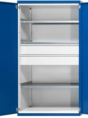 Schwerlastschrank B1085xT630xH1950mm RAL7035/5010 o.Mittelwand3Böden,2Schubladen 100kg | 630 mm | 1950x1085x630 mm | 1783356 Schnäppchen