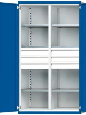 Preisreduziert Schwerlastschrank B1085xT630xH1950mm RAL7035/5010 m.Mittelwand6Böden,6Schubladen 100kg | 630 mm | 1950x1085x630 mm | 1785460