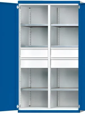 Preis Gesenkt Schwerlastschrank B1085xT630xH1950mm RAL7035/5010 m.Mittelwand6Böden,4Schubladen 100kg | 630 mm | 1950x1085x630 mm | 1781354