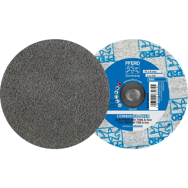 Aktuell PFERD COMBIDISC verpresste Vliesronde CDR PNER Ø 75mm Mittelhart A Fein | MH (mittelhart) | F (fein) | Korund A | 75 mm | System CDR | 1067105