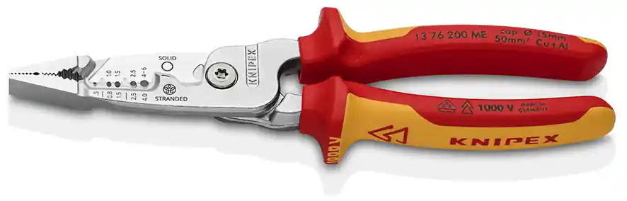 Begrenztes Angebot KNIPEX Multifunktions-Elektrikerzange metrisches Modell isoliert mit Mehrkomponenten-Hüllen, VDE-geprüft verchromt 200 mm | verchromt | isoliert mit Mehrkomponenten-Hüllen, VDE-geprüft | verchromt | 0.5 - 4 / 0.75 - 6 mm² | 1166178