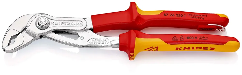 Begrenztes Angebot KNIPEX Cobra® VDE Hightech-Wasserpumpenzange, isoliert isoliert mit Mehrkomponenten-Hüllen und integrierter Befestigungsöse, VDE-geprüft verchromt 250 mm | 1166807