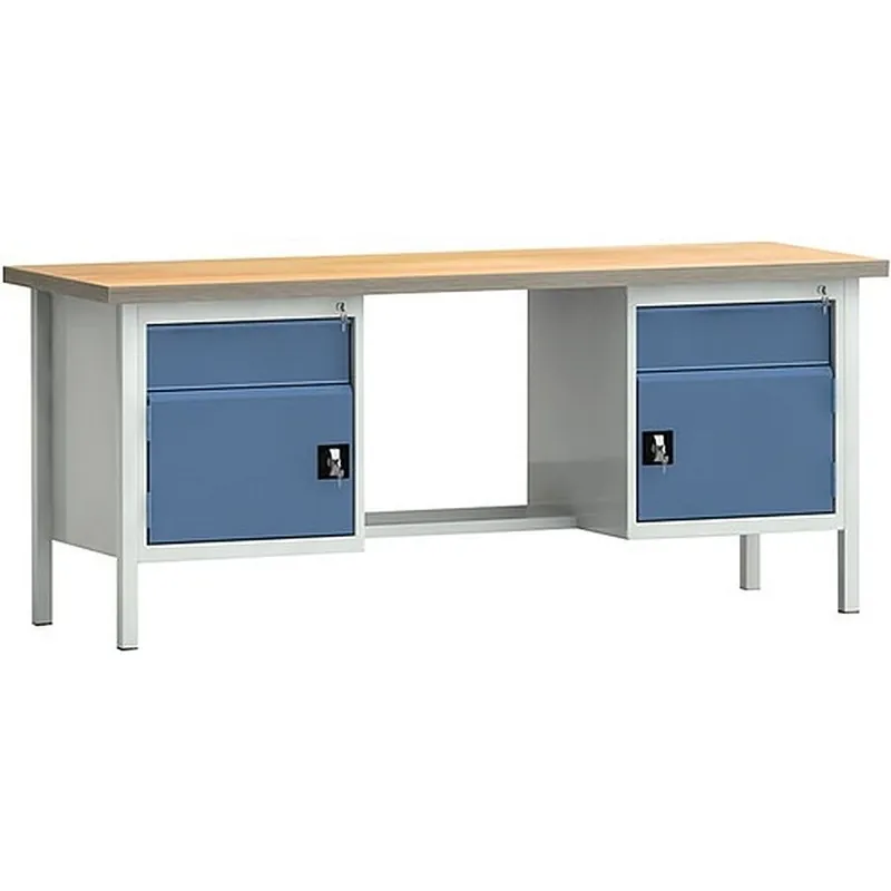 Preisknaller KLW Werkbank PW 700 B2000xT700xH840mm Buche Multiplex grau blau 2Schubl. 2Türen